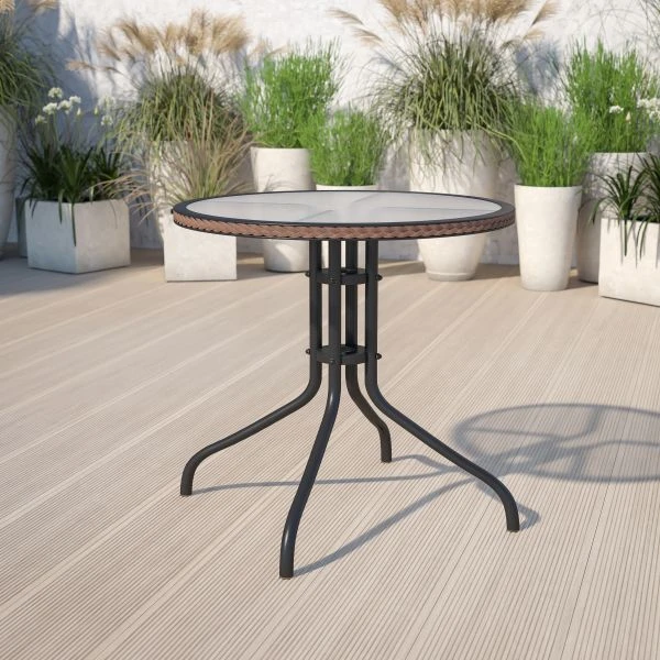 Barker 28'' Round Tempered Glass Metal Table With Dark Brown Rattan Edging 1 Barker 28'' Round Tempered Glass Metal Table With Dark Brown Rattan Edging