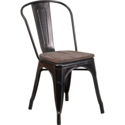 Perry Black-Antique Gold Metal Stackable Chair With Wood Seat