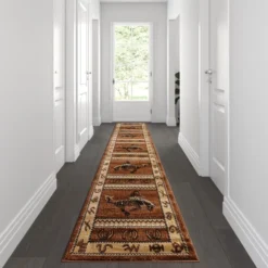 Hoytt Collection Brown 2' X 11' Bucking Bronco Cowboy Area Rug With Jute Backing For Indoor Use