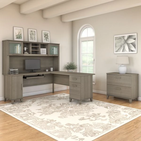Bush Furniture Somerset 72W L Shaped Desk With Hutch And Lateral File Cabinet In Ash Gray 2 Bush Furniture Somerset 72W L Shaped Desk With Hutch And Lateral File Cabinet In Ash Gray - Image 2