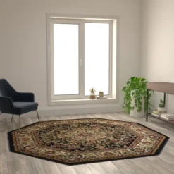 Mersin Collection Persian Style 7x7 Black Octagon Area Rug-Olefin Rug With Jute Backing-Hallway, Entryway, Bedroom, Living Room
