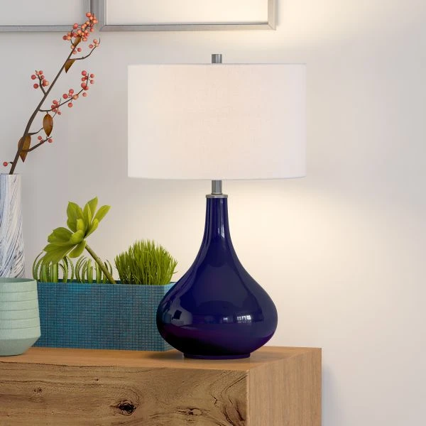 Mirabella 25.5" Tall Table Lamp With Fabric Shade In Navy Blue Glass/White 2 Mirabella 25.5" Tall Table Lamp With Fabric Shade In Navy Blue Glass/White - Image 2