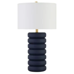 Zelda 25" Tall Ceramic Bubble Body Table Lamp With Fabric Shade In Matte Navy/Brass/White