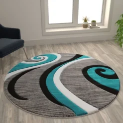 Athos Collection 5' X 5' Turquoise Abstract Area Rug - Olefin Rug With Jute Backing - Hallway, Entryway, Or Bedroom
