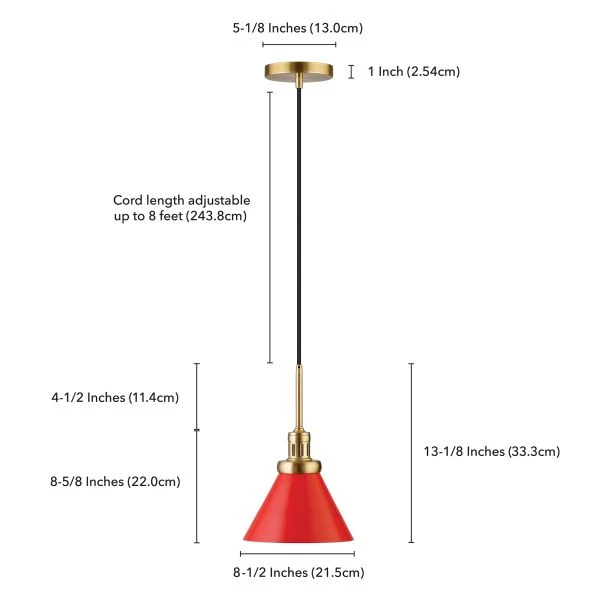Zeno 8.5" Wide Pendant With Metal Shade In Poppy Red/Brass/Poppy Red 2 Zeno 8.5" Wide Pendant With Metal Shade In Poppy Red/Brass/Poppy Red - Image 2