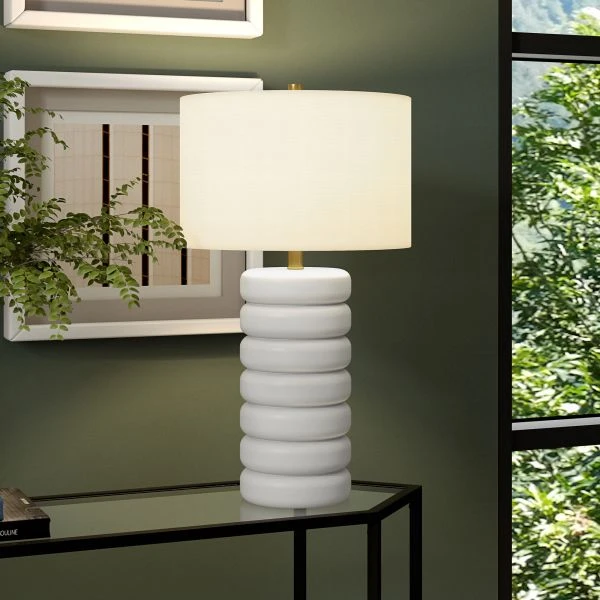 Zelda 25" Tall Ceramic Bubble Body Table Lamp With Fabric Shade In Matte White/Brass/White 4 Zelda 25" Tall Ceramic Bubble Body Table Lamp With Fabric Shade In Matte White/Brass/White - Image 4