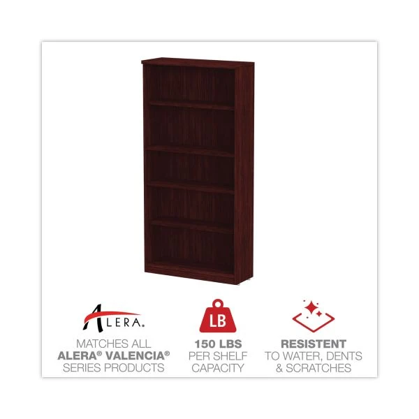 Alera Valencia Series Bookcase, Five-Shelf, 31.75w X 14d X 64.75h, Mahogany 5 Alera Valencia Series Bookcase, Five-Shelf, 31.75w X 14d X 64.75h, Mahogany - Image 5