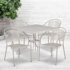 Oia Commercial Grade 35.5" Square Light Gray Indoor-Outdoor Steel Patio Table Set With 4 Round Back Chairs