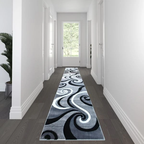 Athos Collection 3' X 16' Gray Abstract Area Rug - Olefin Rug With Jute Backing - Hallway, Entryway, Or Bedroom 1 Athos Collection 3' X 16' Gray Abstract Area Rug - Olefin Rug With Jute Backing - Hallway, Entryway, Or Bedroom