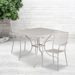 Oia Commercial Grade 35.5" Square Light Gray Indoor-Outdoor Steel Patio Table Set With 2 Square Back Chairs