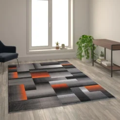 Elio Collection 6' X 9' Orange Color Blocked Area Rug - Olefin Rug With Jute Backing - Entryway, Living Room, Or Bedroom