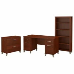 Bush Furniture Somerset 60W Office Desk With Lateral File Cabinet And 5 Shelf Bookcase In Hansen Cherry