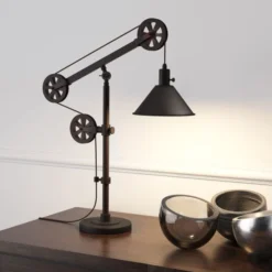 Descartes 29" Tall Pulley System Table Lamp With Metal Shade In Blackened Bronze/Blackened Bronze -office furniture sale addc86b184ec6281aa6afaf82bda91a2c3