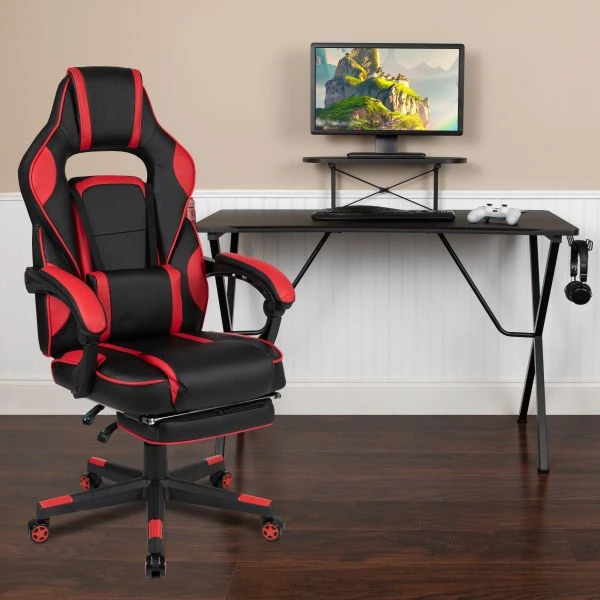 Optis Black Gaming Desk With Cup Holder/Headphone Hook/Monitor Stand & Red Reclining Back/Arms Gaming Chair With Footrest 1 Optis Black Gaming Desk With Cup Holder/Headphone Hook/Monitor Stand & Red Reclining Back/Arms Gaming Chair With Footrest