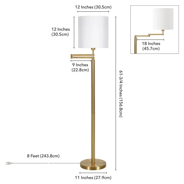 Moby Swing Arm Floor Lamp With Fabric Drum Shade In Brass/White 7 Moby Swing Arm Floor Lamp With Fabric Drum Shade In Brass/White - Image 7