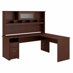 Bush Furniture Cabot 72W L Shaped Computer Desk With Hutch And Drawers In Harvest Cherry
