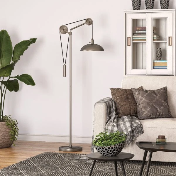 Neo Solid Wheel Pulley System Floor Lamp With Metal Shade In Aged Steel/Aged Steel 4 Neo Solid Wheel Pulley System Floor Lamp With Metal Shade In Aged Steel/Aged Steel - Image 4