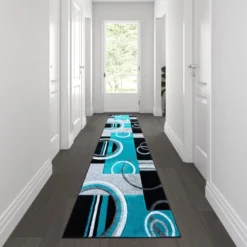 Audra Collection 3' X 10' Turquoise Abstract Area Rug - Olefin Rug With Jute Backing - Entryway, Living Room, Or Bedroom