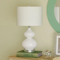 Katrina 23.5" Tall Table Lamp With Fabric Shade In White Glass/Satin Nickel/White -office furniture sale b1f29970dd8804dc7877c9cd1e6df77900