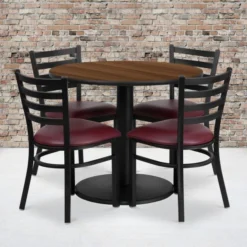 Jamie 36'' Round Walnut Laminate Table Set With Round Base And 4 Ladder Back Metal Chairs - Burgundy Vinyl Seat