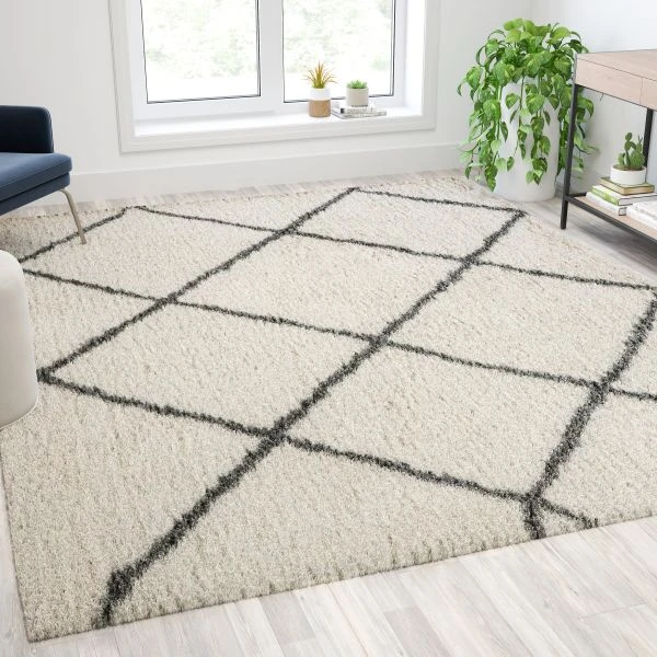 Roxy Shag Style Diamond Trellis Area Rug - 8' X 10' - Ivory/Gray Polyester (PET) 1 Roxy Shag Style Diamond Trellis Area Rug - 8' X 10' - Ivory/Gray Polyester (PET)