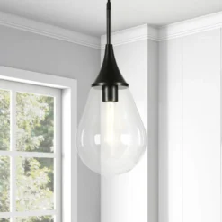 Ambrose 7.63" Wide Pendant With Glass Shade In Blackened Steel/Clear -office furniture sale b503b6f87c9b9315d7bfc8c2b3cd08b1ea