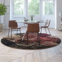 Caldor Collection Abstract 8' X 8' Round Warm Beige, Green, And Red Olefin Area Rug With Jute Backing, Living Room, Bedroom
