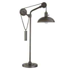 Neo 33.5" Tall Solid Wheel Pulley System Table Lamp With Metal Shade In Aged Steel/Aged Steel