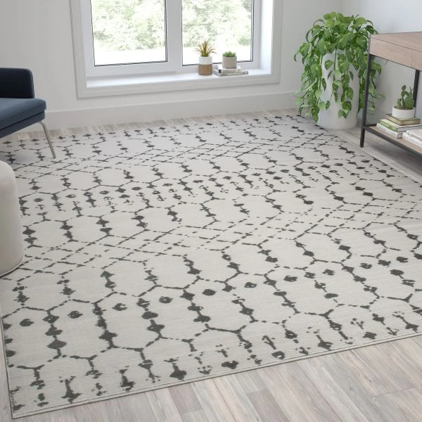 Beth Geometric Bohemian Low Pile Rug - 8' X 10' - Ivory/Gray Polyester 1 Beth Geometric Bohemian Low Pile Rug - 8' X 10' - Ivory/Gray Polyester