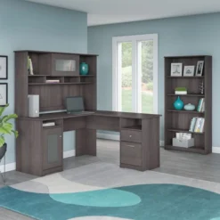 Bush Furniture Cabot 60W L Shaped Computer Desk With Hutch And 5 Shelf Bookcase In Heather Gray -office furniture sale b819891c5fc33d446aef5b7a666a03e063