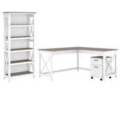 Bush Furniture Key West 60W L Shaped Desk With 2 Drawer Mobile File Cabinet And 5 Shelf Bookcase In Pure White And Shiplap Gray