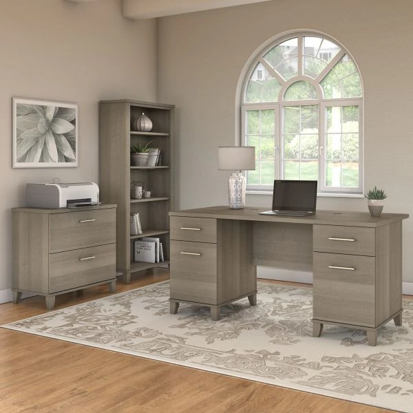Bush Furniture Somerset 60W Office Desk With Lateral File Cabinet And 5 Shelf Bookcase In Ash Gray 2 Bush Furniture Somerset 60W Office Desk With Lateral File Cabinet And 5 Shelf Bookcase In Ash Gray - Image 2