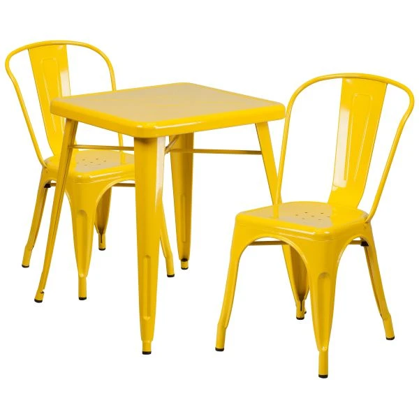 Owen Commercial Grade 23.75" Square Yellow Metal Indoor-Outdoor Table Set With 2 Stack Chairs 2 Owen Commercial Grade 23.75" Square Yellow Metal Indoor-Outdoor Table Set With 2 Stack Chairs - Image 2