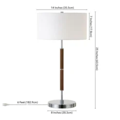 Simone 25" Tall 2-Light Table Lamp With Fabric Shade In Rustic Oak/Polished Nickel/White -office furniture sale ba32baa313274fd06d8f24b6e30aace84b