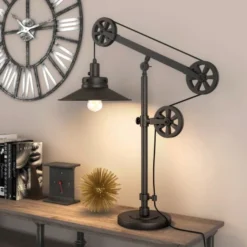 Descartes 29" Tall Wide Brim/Pulley System Table Lamp With Metal Shade In Blackened Bronze/Blackened Bronze 19 Descartes 29" Tall Wide Brim/Pulley System Table Lamp With Metal Shade In Blackened Bronze/Blackened Bronze -office furniture sale bc642da87c184b262a0ed88697dbc68f09