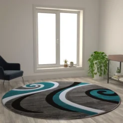 Athos Collection 8' X 8' Turquoise Abstract Area Rug - Olefin Rug With Jute Backing - Hallway, Entryway, Or Bedroom
