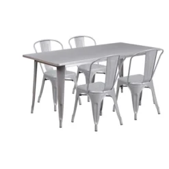 Darcy Commercial Grade 31.5" X 63" Rectangular Silver Metal Indoor-Outdoor Table Set With 4 Stack Chairs 5 Darcy Commercial Grade 31.5" X 63" Rectangular Silver Metal Indoor-Outdoor Table Set With 4 Stack Chairs -office furniture sale bd3a461f94d3e471977da73ae6bfc1e66d