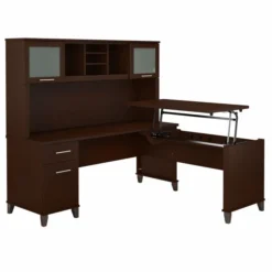 Bush Furniture Somerset 72W 3 Position Sit To Stand L Shaped Desk With Hutch In Mocha Cherry