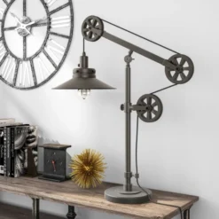 Descartes 29" Tall Wide Brim/Pulley System Table Lamp With Metal Shade In Aged Steel/Aged Steel -office furniture sale beb287875d14ea6f984b195714a62398bc