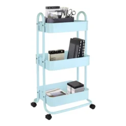 Mobile 3-Tier Storage Cart, 35-5/8"H X 17-15/16"W X 14-5/16"D, Light Blue