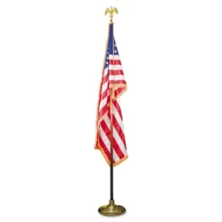 Advantus Deluxe U.S. Flag And Staff Set, 60" X 36" Flag, 8 Ft Oak Staff, 2" Gold Fringe, 7" Goldtone Eagle, Heavyweight Nylon
