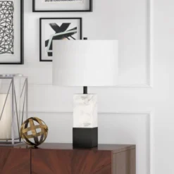 Lena 21.5" Tall Table Lamp With Fabric Shade In Marble/Blackened Bronze/White -office furniture sale c14d07b9ce88c0f8aef49bfdf66337c668