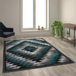 Teagan Collection Southwestern 6' X 9' Turquoise Area Rug - Olefin Rug With Jute Backing - Entryway, Living Room, Bedroom