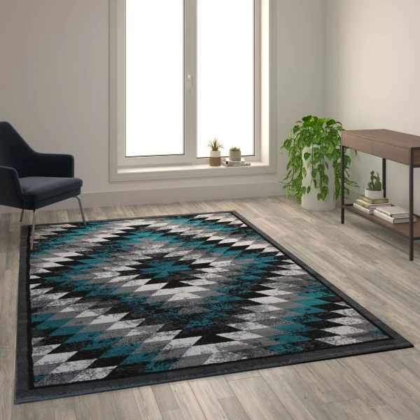 Teagan Collection Southwestern 6' X 9' Turquoise Area Rug - Olefin Rug With Jute Backing - Entryway, Living Room, Bedroom 1 Teagan Collection Southwestern 6' X 9' Turquoise Area Rug - Olefin Rug With Jute Backing - Entryway, Living Room, Bedroom