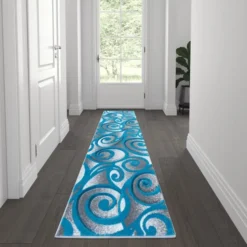 Willow Collection Modern High-Low Pile Swirled 2' X 7' Turquoise Area Rug - Olefin Accent Rug - Entryway, Bedroom, Living Room