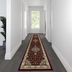 Portman Collection Persian Style 3' X 15' Burgundy Area Rug - Olefin Rug With Jute Backing - Entryway, Bedroom, Living Room