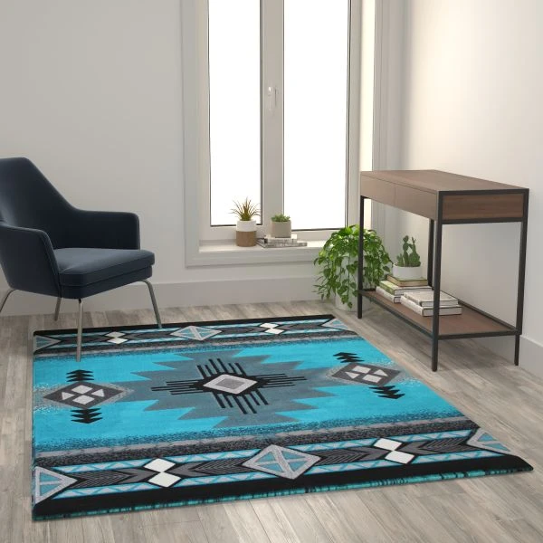 Mohave Collection 5' X 7' Turquoise Traditional Southwestern Style Area Rug - Olefin Fibers With Jute Backing 1 Mohave Collection 5' X 7' Turquoise Traditional Southwestern Style Area Rug - Olefin Fibers With Jute Backing