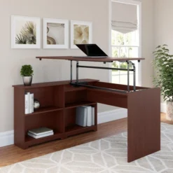 Bush Furniture Cabot 52W 3 Position Sit To Stand Corner Bookshelf Desk In Harvest Cherry -office furniture sale c45bdffd078ae01d9c238c6b227039b0f6