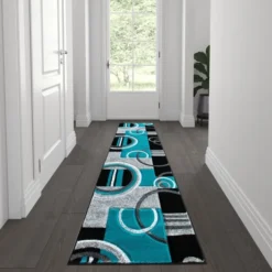 Audra Collection 2' X 7' Turquoise Geometric Abstract Area Rug - Olefin Rug With Jute Backing - Entryway, Living Room, Or Bedroom