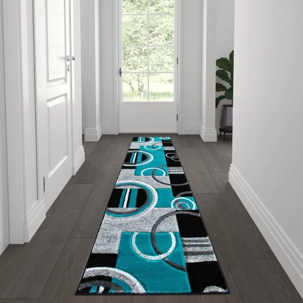 Audra Collection 2' X 7' Turquoise Geometric Abstract Area Rug - Olefin Rug With Jute Backing - Entryway, Living Room, Or Bedroom 1 Audra Collection 2' X 7' Turquoise Geometric Abstract Area Rug - Olefin Rug With Jute Backing - Entryway, Living Room, Or Bedroom